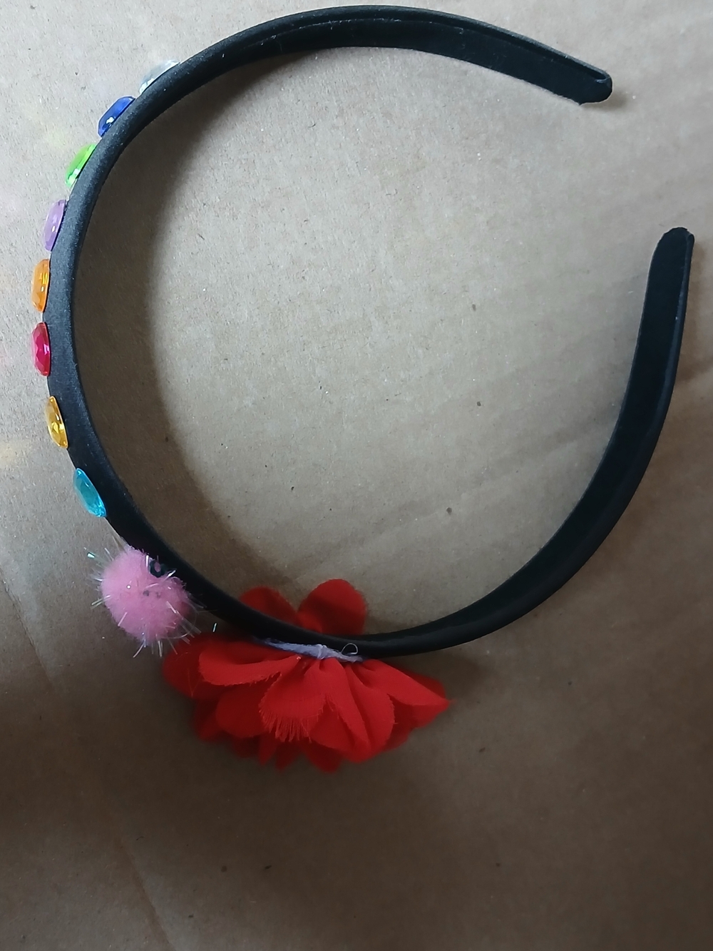 Black Headband with Red Flower and Multicolor Gems